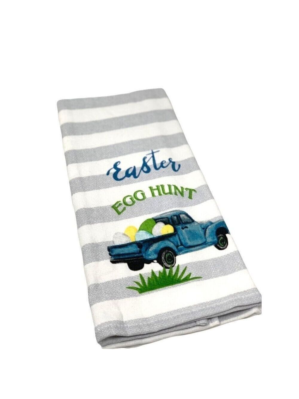 Easter Farmhouse Kitchen Hand Towel Vintage Blue Truck Eggs Decor Gray White